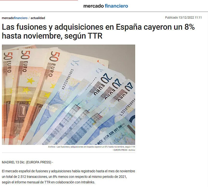 Las fusiones y adquisiciones en Espaa cayeron un 8% hasta noviembre, segn TTR